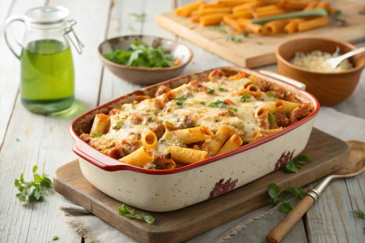 Main 5 Meatless baked ziti in a dish