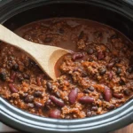 Hearty chili recipe simmering in a black crockpot, with a wooden spoon resting in the rich, chunky dish.