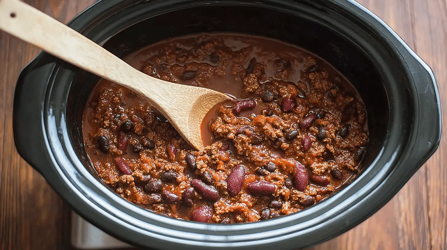 Hearty chili recipe simmering in a black crockpot, with a wooden spoon resting in the rich, chunky dish.