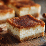 Delicious churro cheesecake bars, generously dusted with cinnamon sugar, presented on a light rustic wooden surface.
