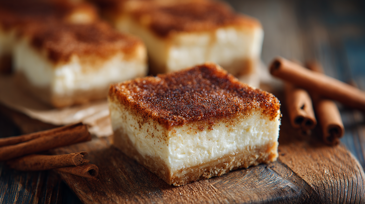 Delicious churro cheesecake bars, generously dusted with cinnamon sugar, presented on a light rustic wooden surface.