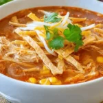 Close-up of a vibrant bowl of crockpot chicken tortilla soup, garnished with crispy tortilla strips, shredded cheese, and fresh cilantro.