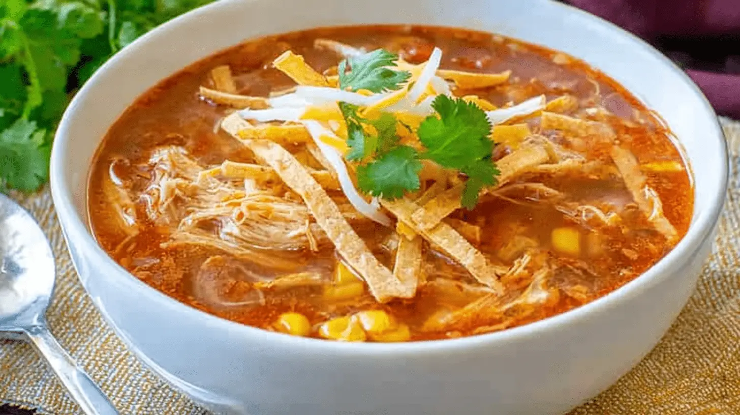 Close-up of a vibrant bowl of crockpot chicken tortilla soup, garnished with crispy tortilla strips, shredded cheese, and fresh cilantro.