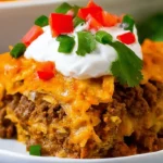 A single serving of savory dorito casserole with layers of seasoned meat, melted cheese, and fresh toppings including sour cream and green onions.