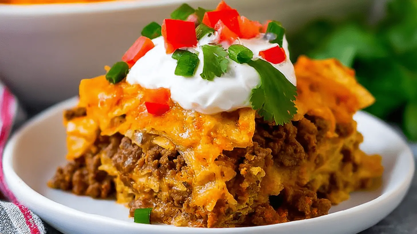 Main 1 A single serving of savory dorito casserole with layers of seasoned meat, melted cheese, and fresh toppings including sour cream and green onions.