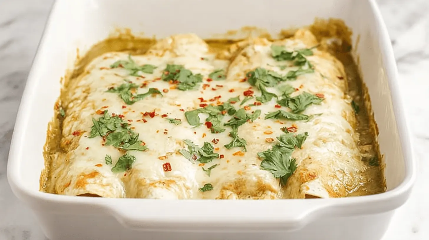 Close-up of bubbling baked green chili chicken enchiladas topped with melted cheese, fresh cilantro, and red pepper flakes in a white ceramic dish.