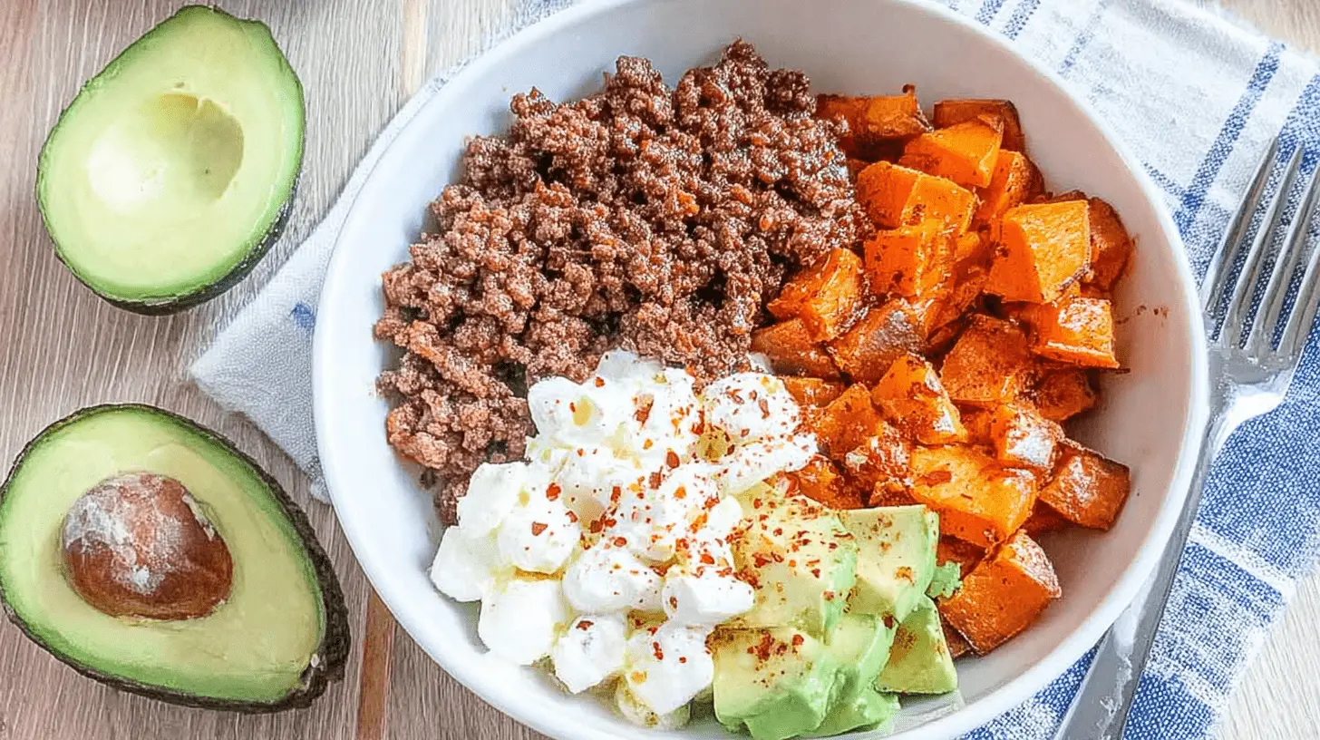 Top-down view of a vibrant and healthy ground beef bowl with sweet potato, avocado, and cottage cheese on a rustic wooden surface.